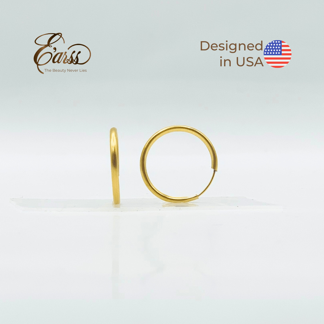 Gold hoop earrings on a white background with 'Earss' branding and 'Designed in USA' text.