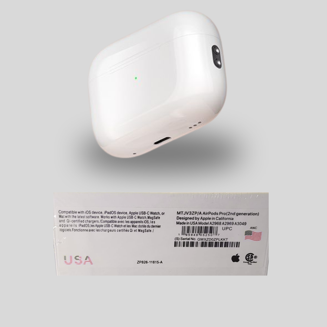 White Apple AirPods case with charging cable on a light gray background
