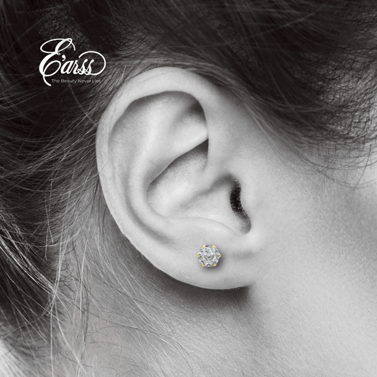 Close-up of an ear wearing a diamond stud earring with 'Earss' branding.