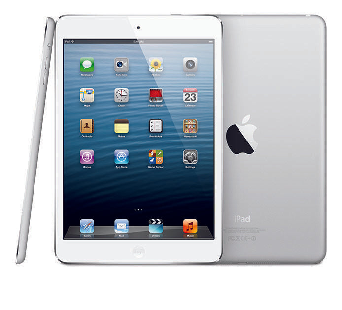 White Apple iPad with app icons displayed on the screen, showing front and back views.