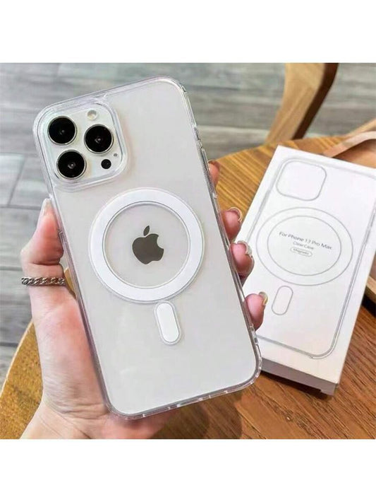 Clear phone case with Apple logo held by a hand, next to its packaging on a wooden surface.