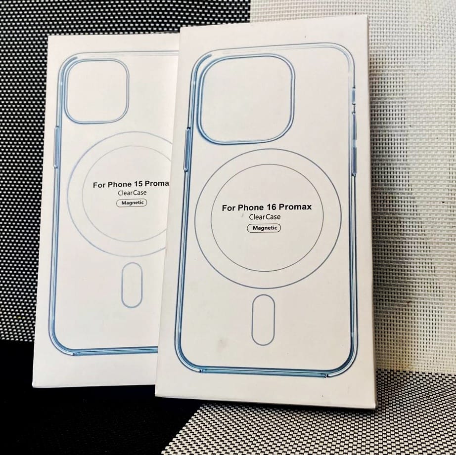 Two packaging boxes for 'For Phone 15 Pro Max Clear Case Magnetic' on a textured surface.