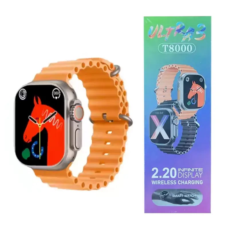 Smartwatch with orange band and packaging on a white background