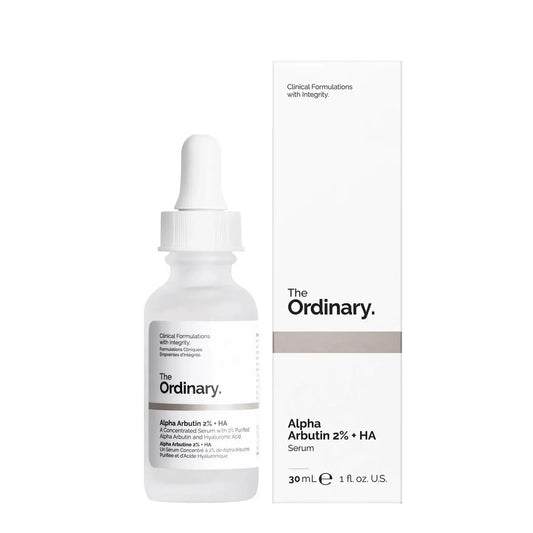 The Ordinary Alpha Arbutin 2% + HA Serum bottle and packaging on a white background