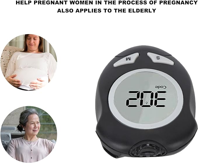 Digital thermometer with a woman and elderly woman in the background, text about pregnancy and elderly care.