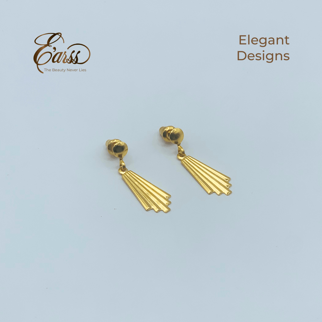 Gold earrings on a light blue background with 'Earss' brand name.