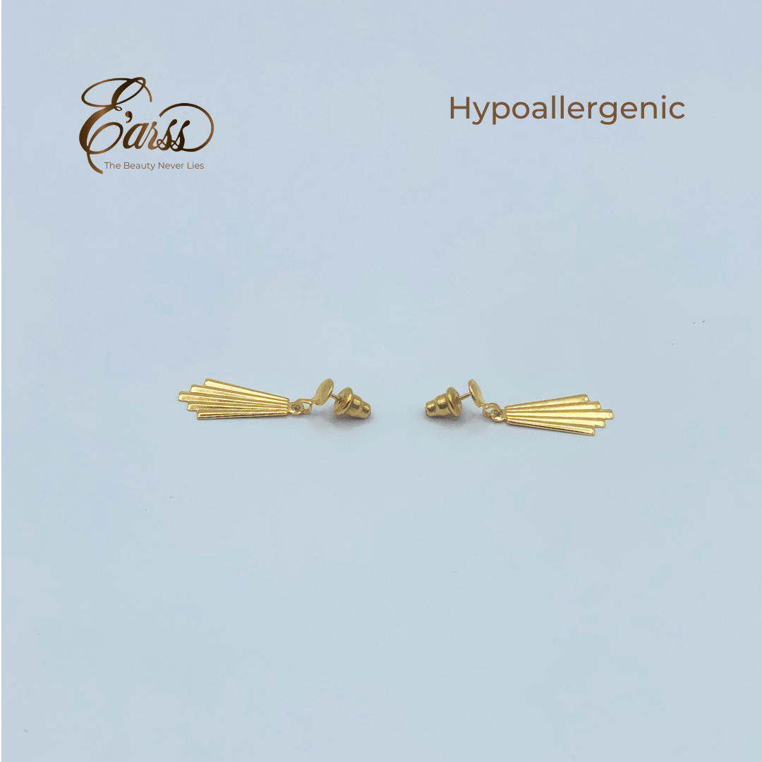 Gold earrings on a light blue background with 'Ears' brand logo.