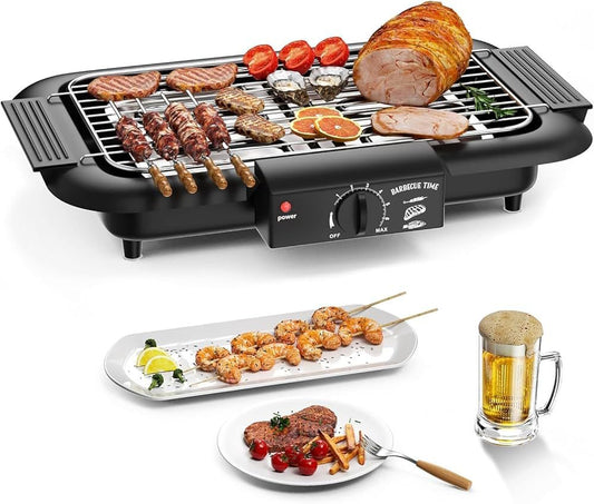 Electric barbecue grill with food items on a white background