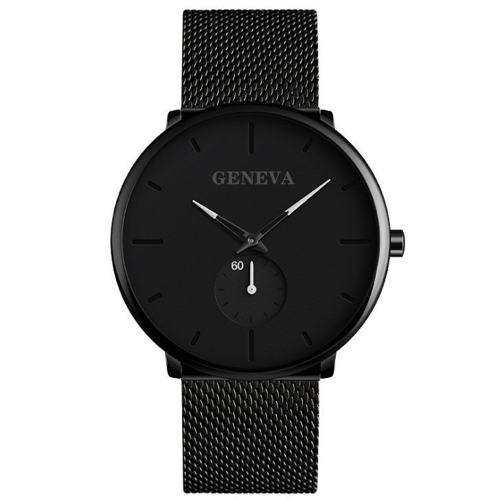 Black watch with mesh band on a white background