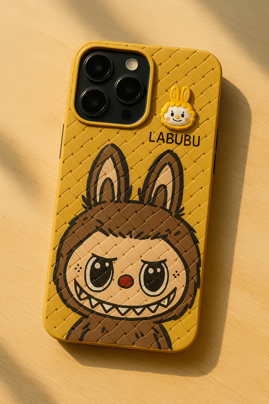Phone case with cartoon character design on a yellow background