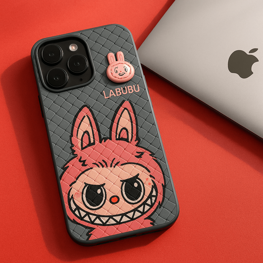 Phone case with cartoon character design on a red surface, featuring the brand 'LABUBU'.