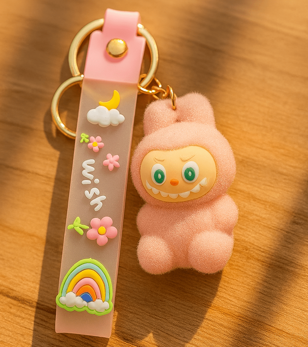 Cute pink plush keychain with decorative strap on a wooden surface