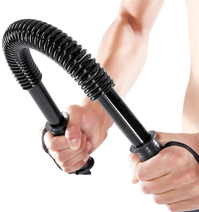 Person using a black臂力器 (arm strengthener) on a white background