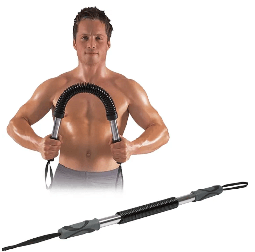 Man using a black resistance band on a white background