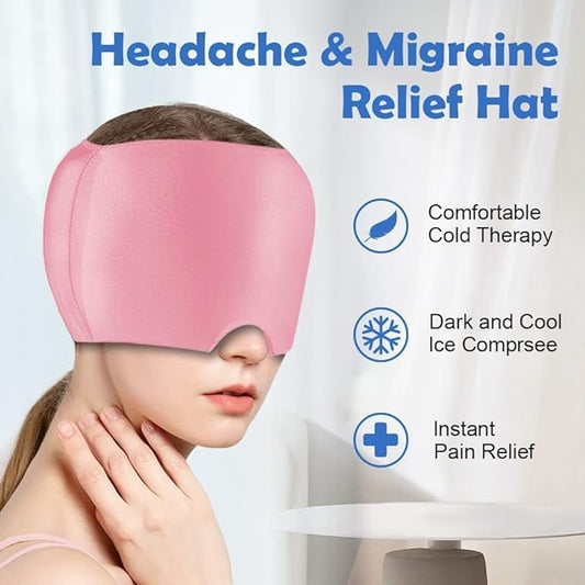 Pink headache and migraine relief hat worn by a person with text highlighting features on a white background