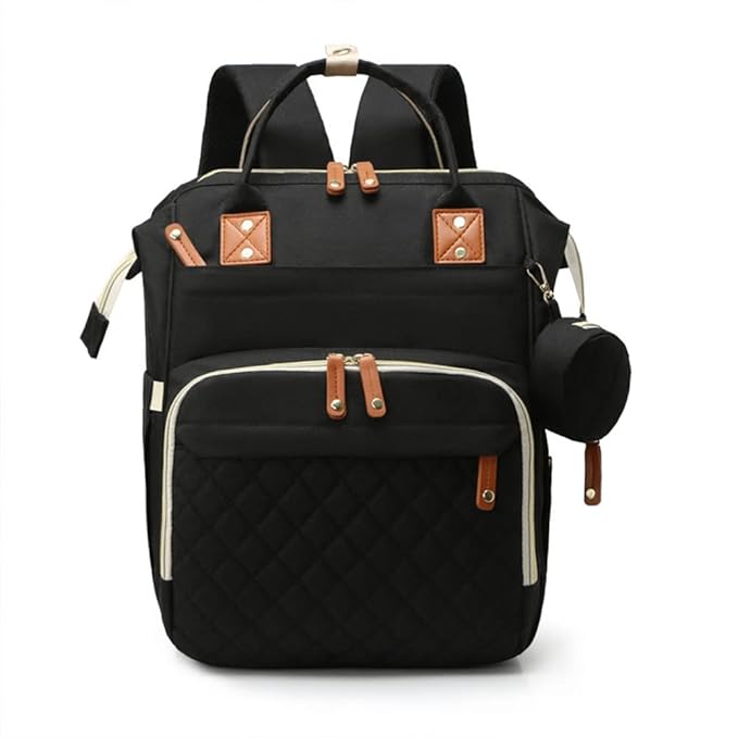 Black backpack with brown accents on a white background