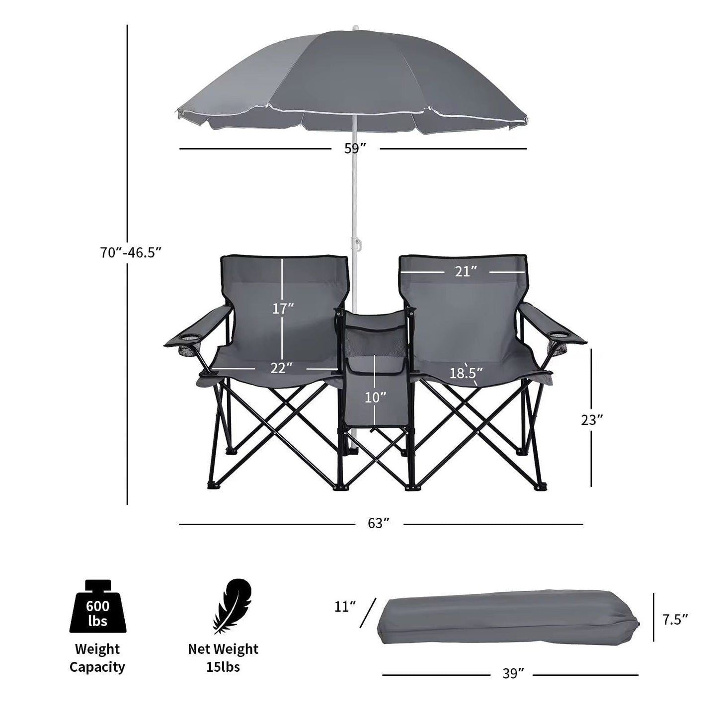 Measurement chart of a gray folding chair with umbrella on a white background