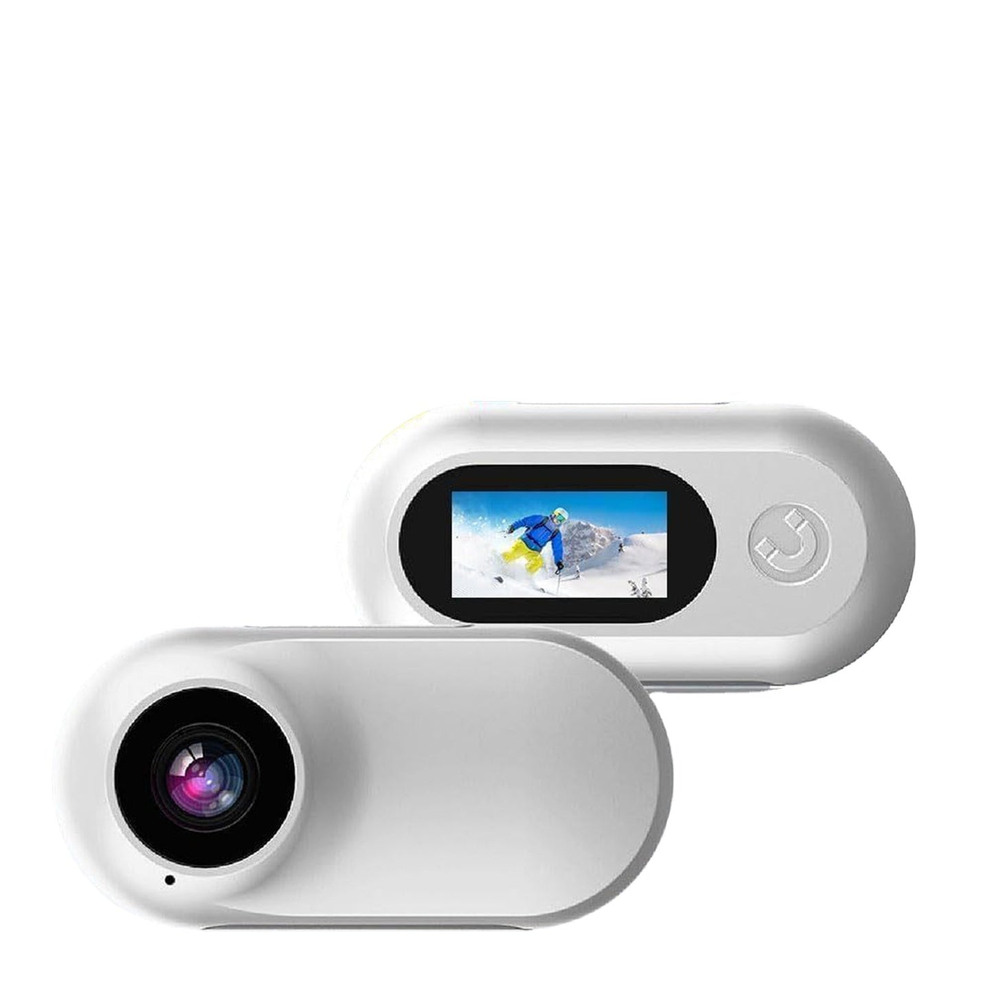 White electronic device with a screen displaying an image of a person on a snowy landscape.