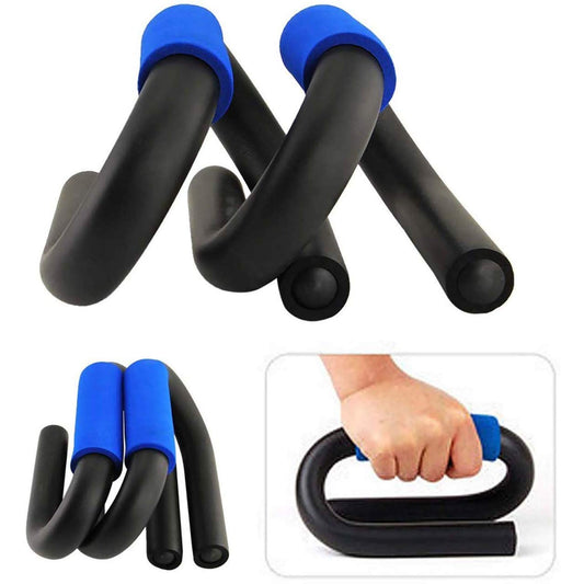 Black exercise handles with blue grips on a white background, showing a hand gripping one of them.