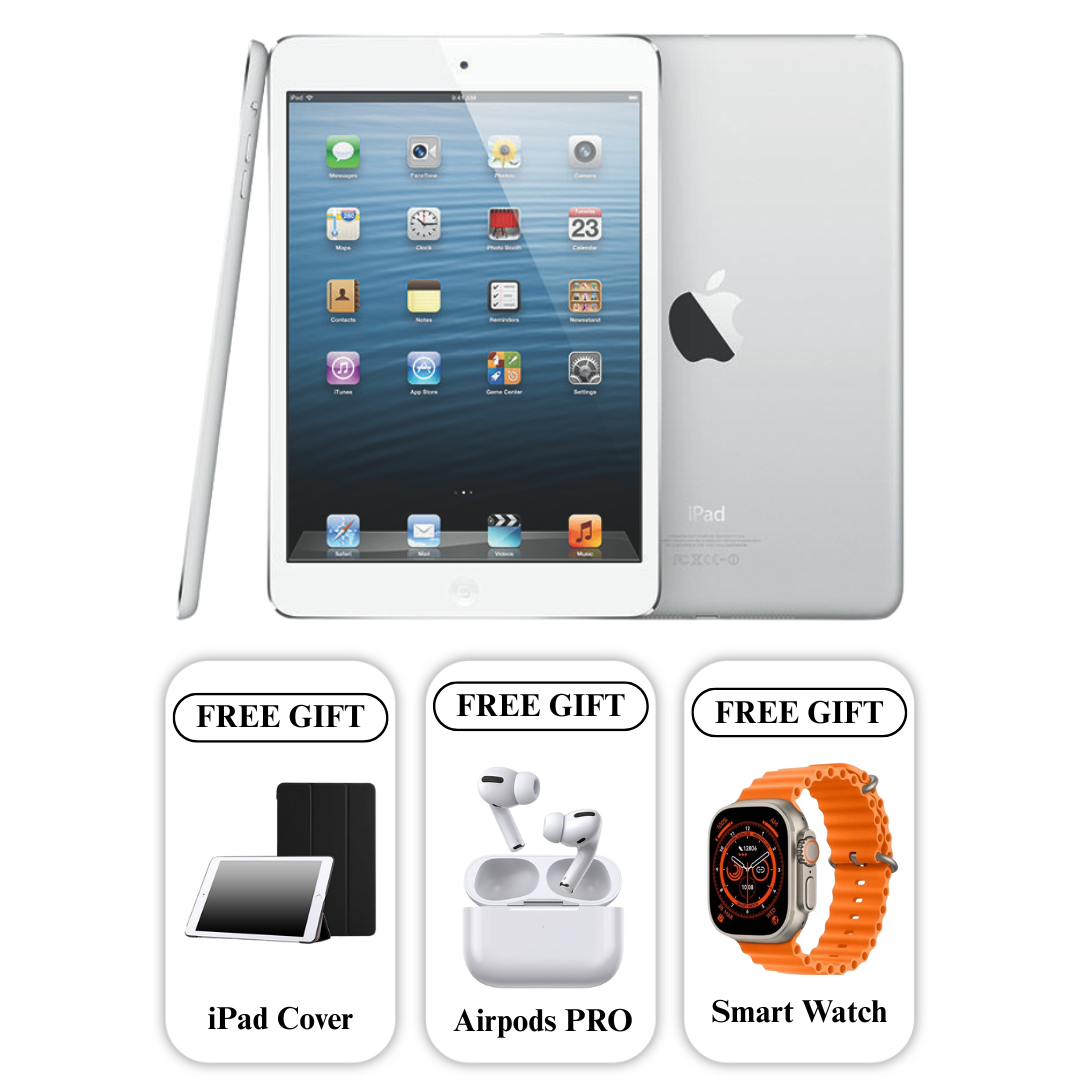 White iPad with Apple logo, stylus, and free gift options on a white background