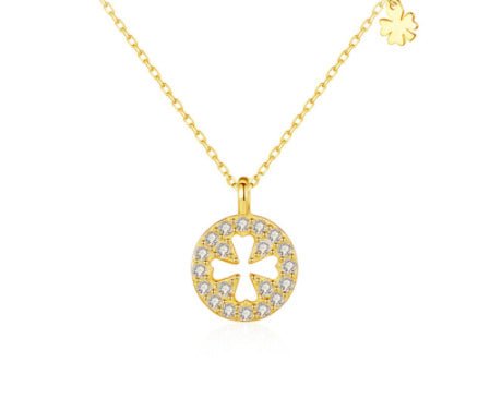 Gold necklace with a circular pendant featuring a cross design on a white background