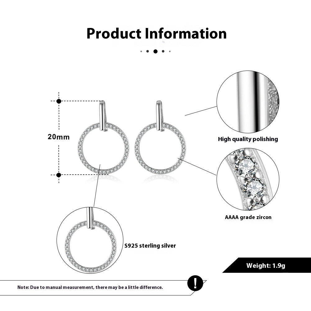 Product information diagram of silver earrings with zirconia stones, highlighting features like material, size, and quality.