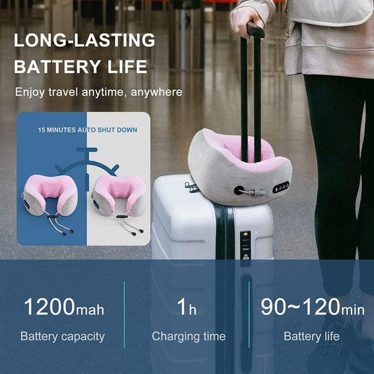 Travel neck pillow on a suitcase with battery life information displayed.