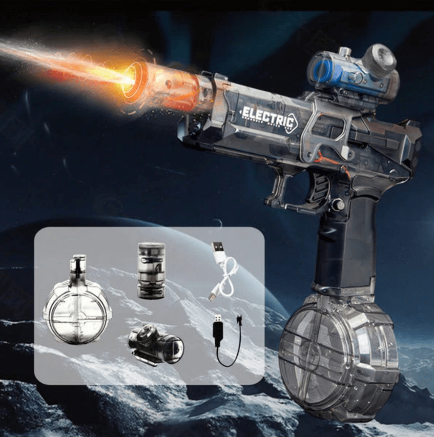 Toy gun with flame effect and accessories on a dark space-themed background