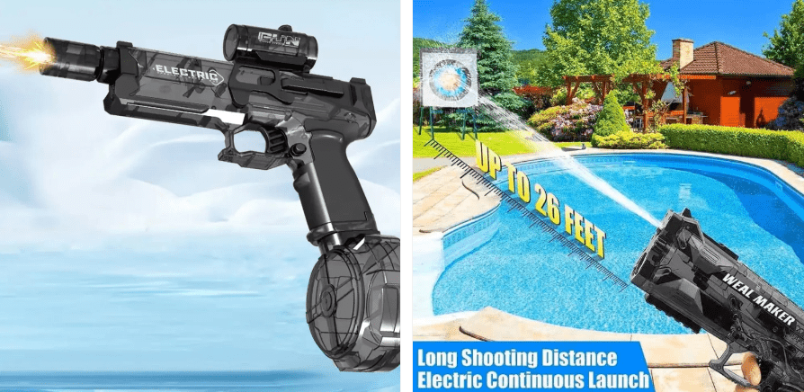 Electric water gun with long shooting distance feature on a pool background