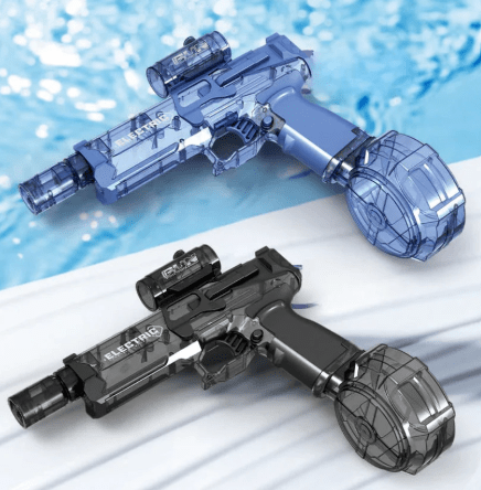 Two toy guns, one blue and one black, on a light blue and white gradient background.