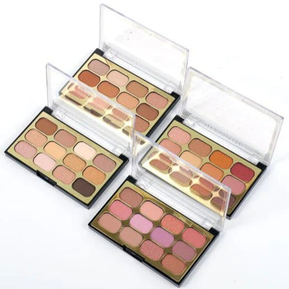 Four makeup palettes with various color swatches on a white background