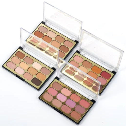 Four makeup palettes with various color swatches on a white background