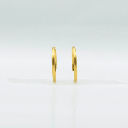 Gold hoop earrings on a light gray background