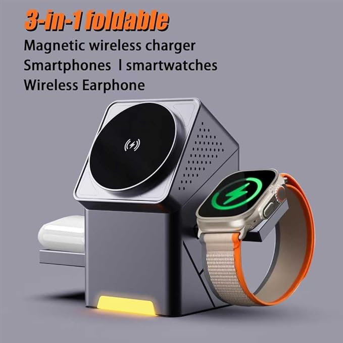 3-in-1 foldable magnetic wireless charger with smartphone, smartwatch, and wireless earphone on a gray background