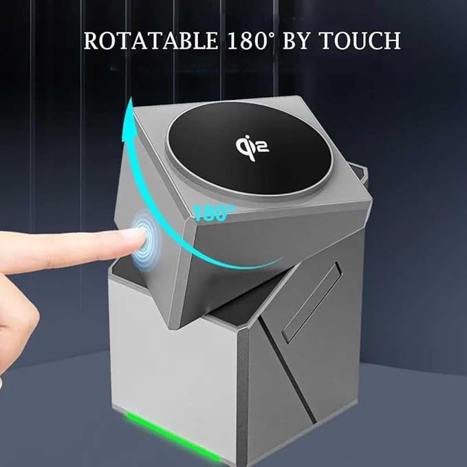 Rotatable wireless charging pad with 'qi' logo and text indicating 180-degree rotation by touch.