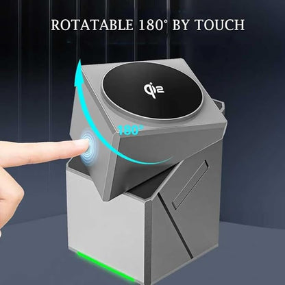 Rotatable wireless charging pad with 'qi' logo and text indicating 180-degree rotation by touch.