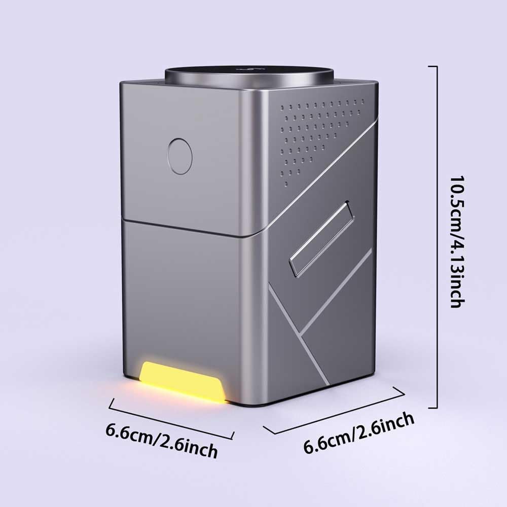 Gray electronic device with dimensions indicated on a light purple background