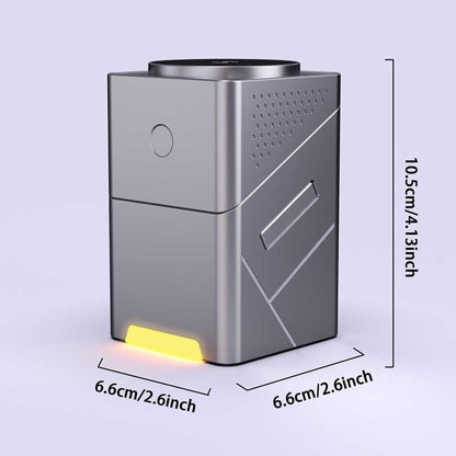 Gray electronic device with dimensions indicated on a light purple background