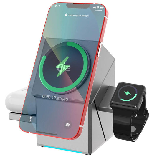 Multi-device charging station with smartphone, smartwatch, and wireless charger on a white background