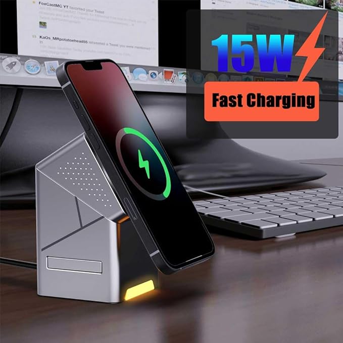Phone on a charging stand with '15W Fast Charging' text in an office setting