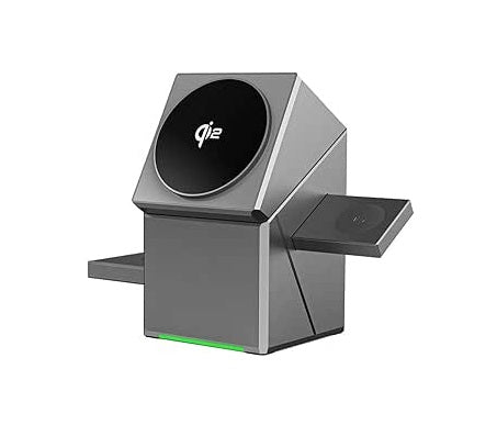 Wireless charging stand with Qi logo on a white background