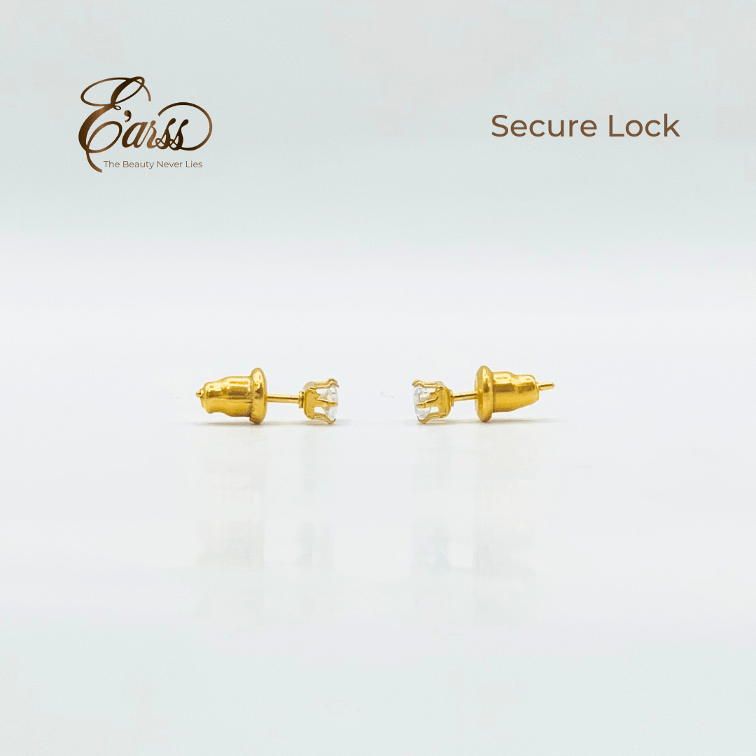 Gold earrings with 'Earss' branding on a light gray background