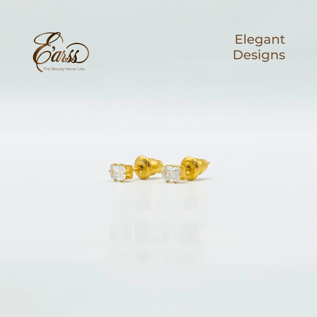 Gold earrings with clear stones on a light gray background, featuring the brand 'Ears'.