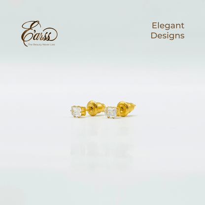 Gold earrings with clear stones on a light gray background, featuring the brand 'Ears'.