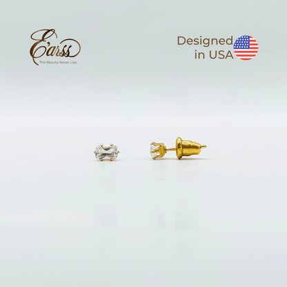 Gold stud earrings with clear gemstones on a light gray background, featuring 'Earss' brand and 'Designed in USA' text.