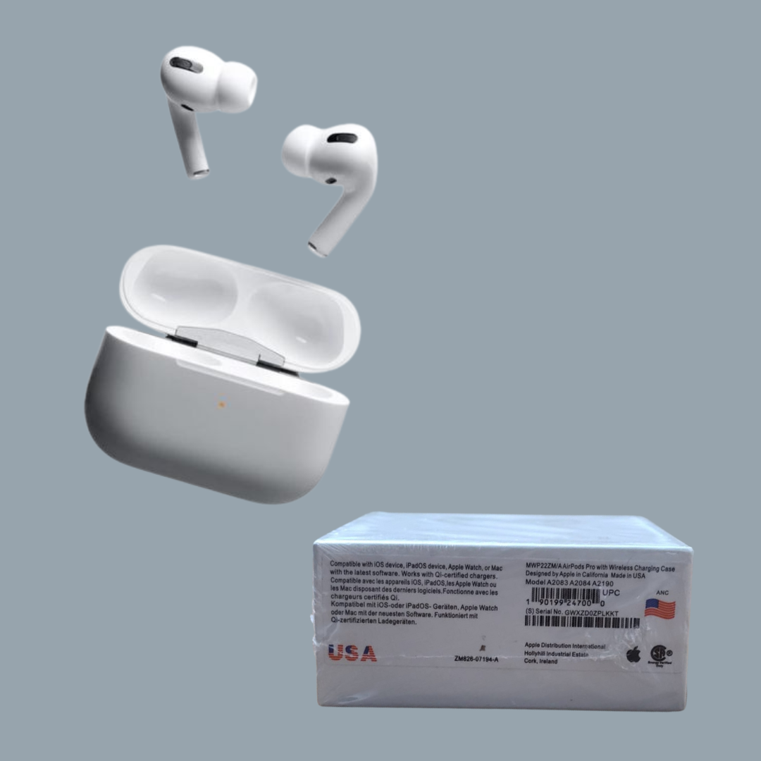 White wireless earbuds with charging case and packaging on a gray background