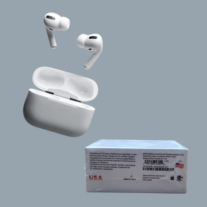 White wireless earbuds with charging case and packaging on a gray background
