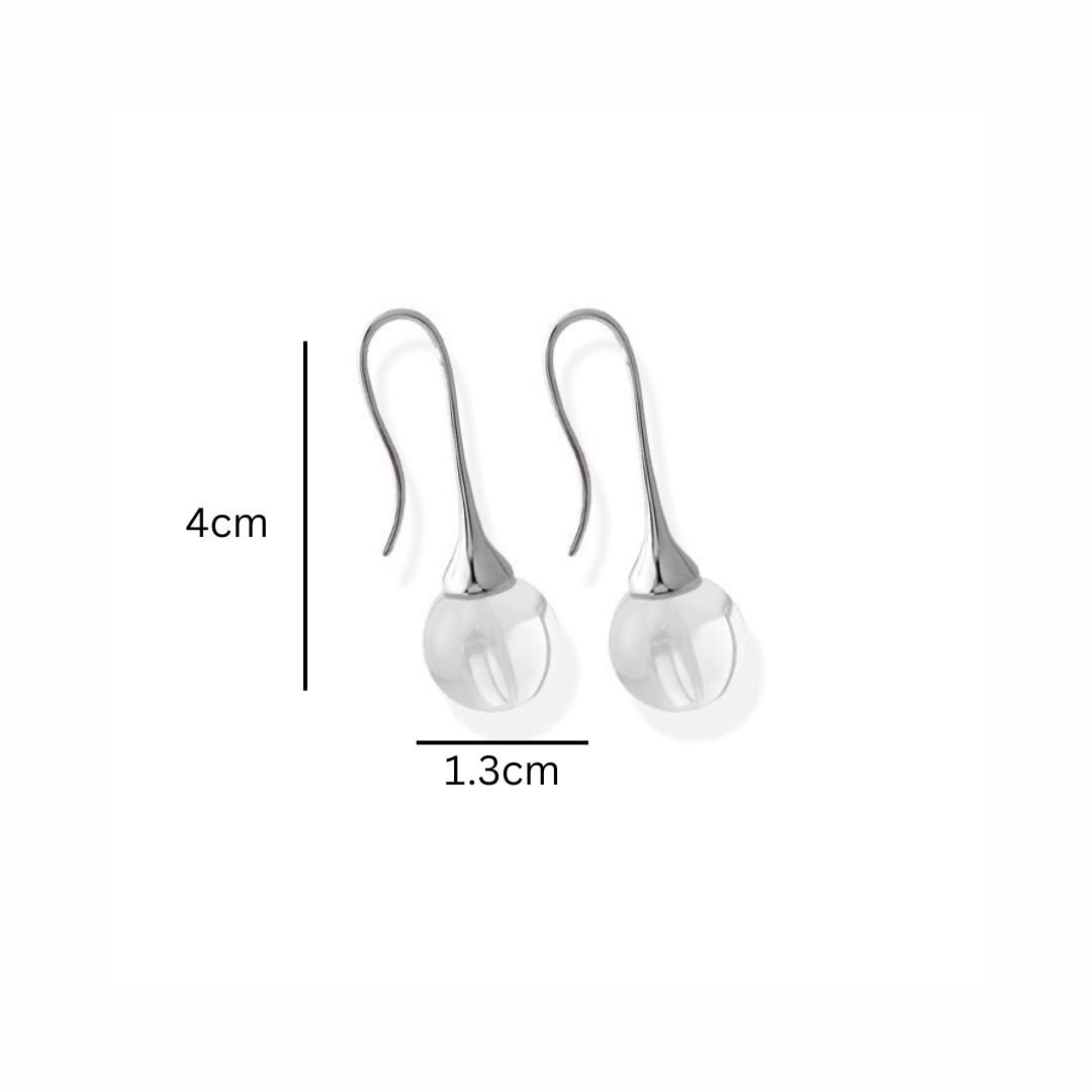 Silver earrings with measurements on a white background
