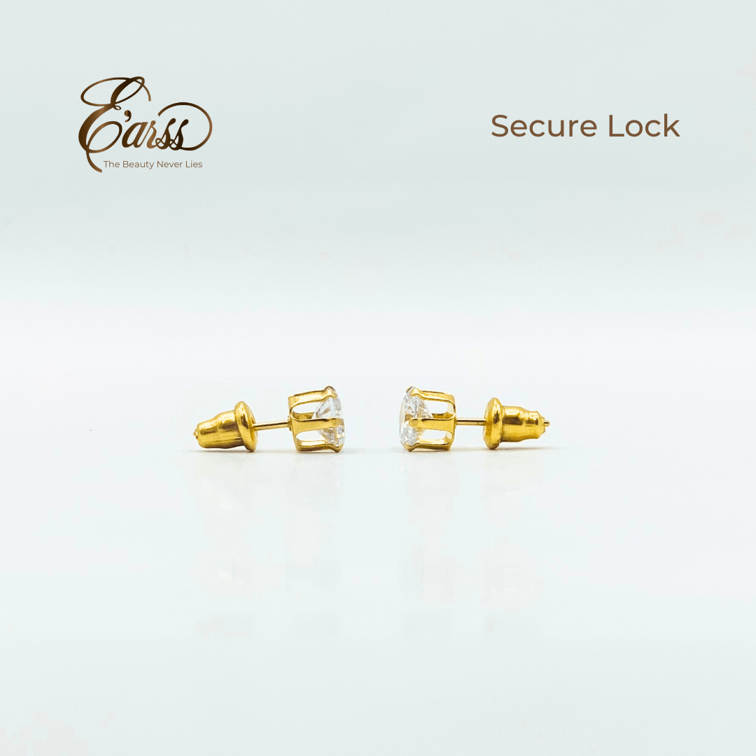 Gold earrings with a 'Secure Lock' feature on a light gray background, featuring the brand 'Ears'.