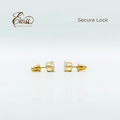 Gold earrings with a 'Secure Lock' feature on a light gray background, featuring the brand 'Ears'.